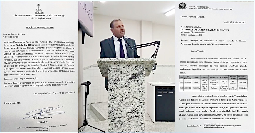 Vereador Carlim da Dengue comemora emenda de deputado Evair de Melo